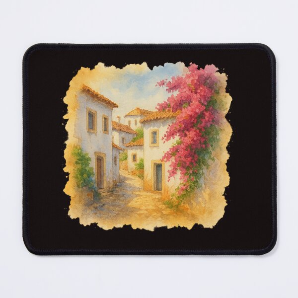 Item preview, Portuguese Village Street with Bougainvillea – Watercolor Illustration designed and sold by Tadeusz1.