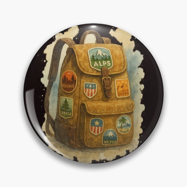 Item preview, Vintage Travel Backpack with Destination Patches – Watercolor Illustration designed and sold by Tadeusz1.