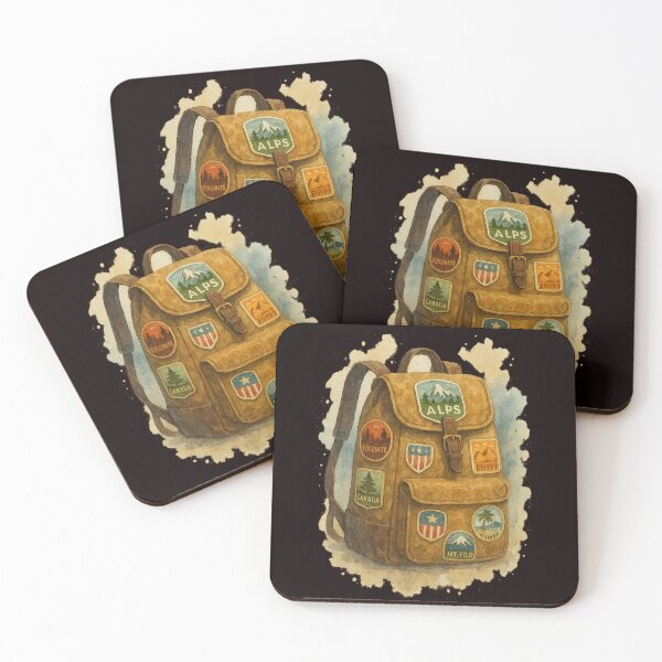 Item preview, Vintage Travel Backpack with Destination Patches – Watercolor Illustration designed and sold by Tadeusz1.