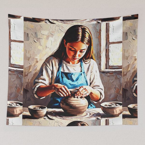 Item preview, A little girl lovingly makes ceramics on a potter's wheel. designed and sold by jotcar.