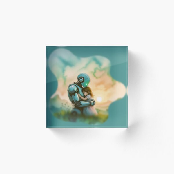 Item preview, A robot embraces a little girl in a sunrise scene. designed and sold by AddyTae.