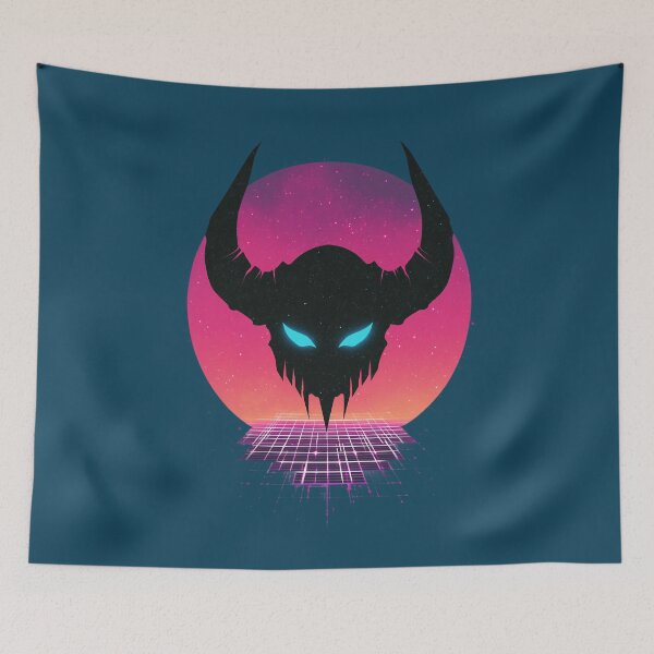 Item preview, Synthwave Devil Emblem – Neon demon skull in front of a retro sun designed and sold by Meiersbeste.