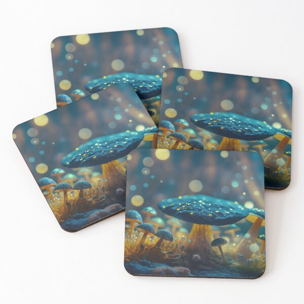Item preview, Magical iridescent mushrooms in dark mystery forest with sparkling glow and golden glimmer in the dark. Fairy tale or dream natural background. Hallucinogen psychedelics fungi. AI Generative content designed and sold by dvoevnore.