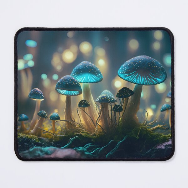 Item preview, Magical iridescent mushrooms in dark mystery forest with sparkling glow and golden glimmer in the dark. Fairy tale or dream natural background. Hallucinogen psychedelics fungi. AI Generative content designed and sold by dvoevnore.