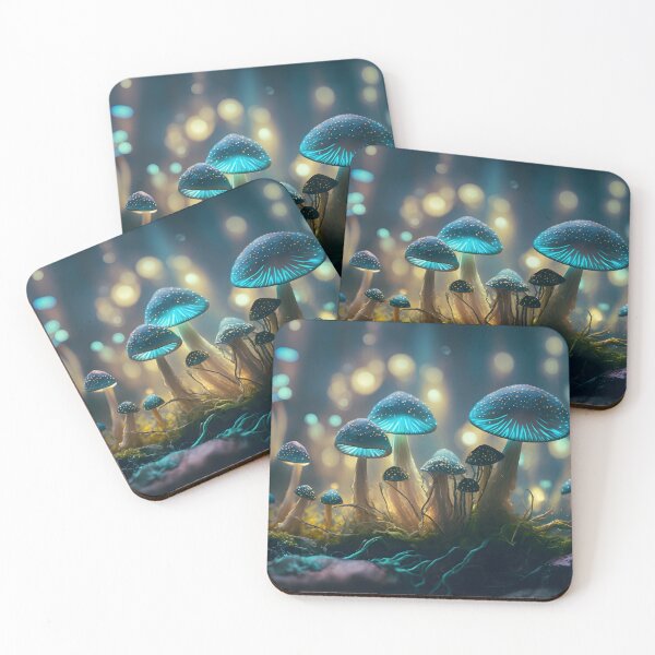 Item preview, Magical iridescent mushrooms in dark mystery forest with sparkling glow and golden glimmer in the dark. Fairy tale or dream natural background. Hallucinogen psychedelics fungi. AI Generative content designed and sold by dvoevnore.