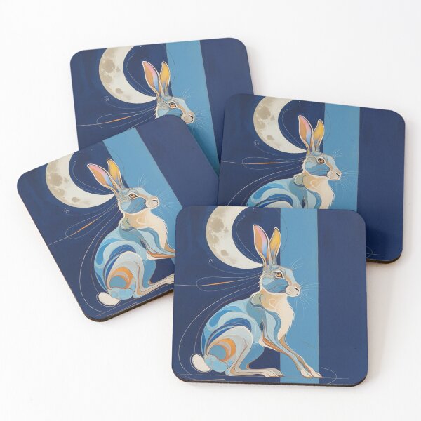 Item preview, Boho abstract Hare with moon on blue stripes designed and sold by Boho Art by Rebecca.