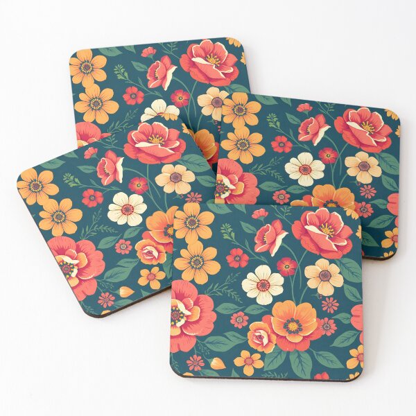 Artikelvorschau, Kräftiges Retro-Blumenmuster in Orange und Rot auf Marineblau entworfen und verkauft von SassyArtistry.