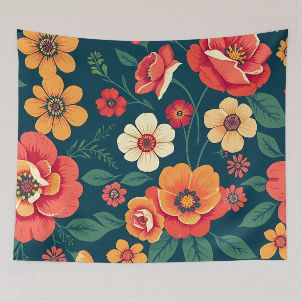 Artikelvorschau, Kräftiges Retro-Blumenmuster in Orange und Rot auf Marineblau entworfen und verkauft von SassyArtistry.
