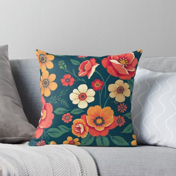Artikelvorschau, Kräftiges Retro-Blumenmuster in Orange und Rot auf Marineblau entworfen und verkauft von SassyArtistry.