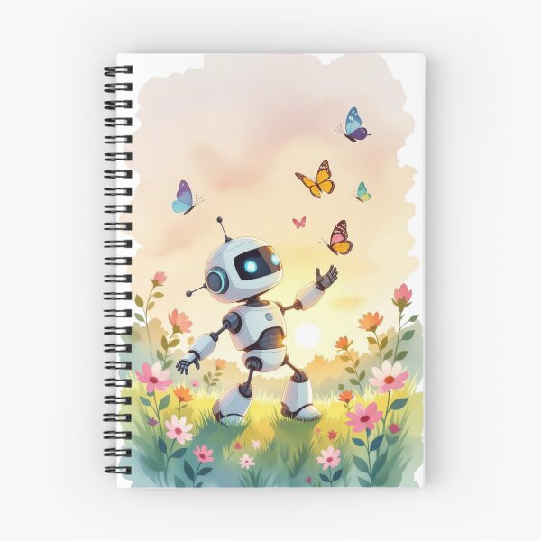 Item preview, A charming little robot is grooving with graceful butterflies in a stunning garden, basking in the golden glow of sunrise. designed and sold by AddyTae.