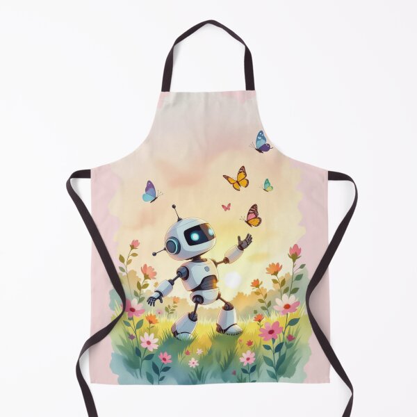 Item preview, A charming little robot is grooving with graceful butterflies in a stunning garden, basking in the golden glow of sunrise. designed and sold by AddyTae.