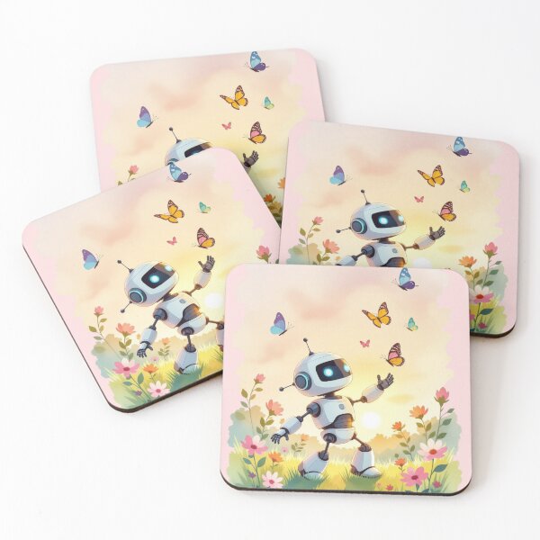 Item preview, A charming little robot is grooving with graceful butterflies in a stunning garden, basking in the golden glow of sunrise. designed and sold by AddyTae.