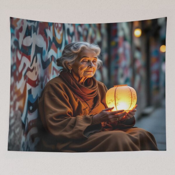 Item preview, Urban Silence – Elderly figure with glowing lantern in graffiti alley, contemplative and poetic designed and sold by FotoworldEdel.
