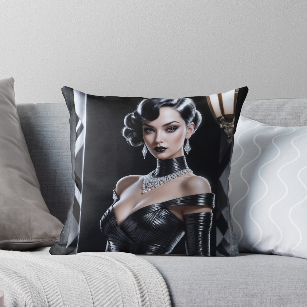 The Dark Elegance Of The Intriguing Geneviève von Hessler Mesmerizing AI Concept Art by Xzendor7 Decorative Art Print Throw Pillow