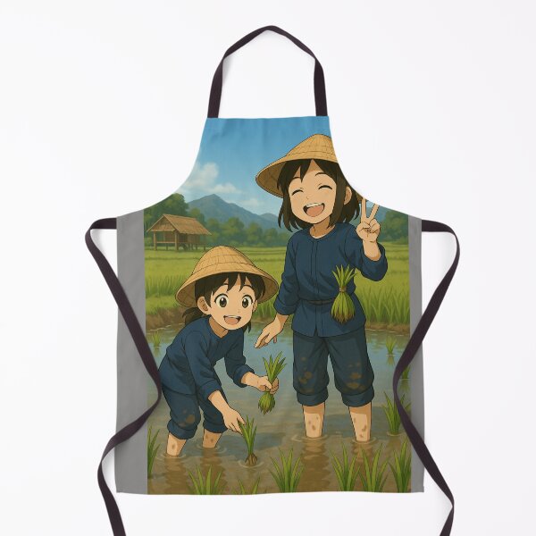 Item preview, Sisters Planting Rice in Thai Countryside – Cute Anime Rural Life Illustration designed and sold by konthai.familyart.
