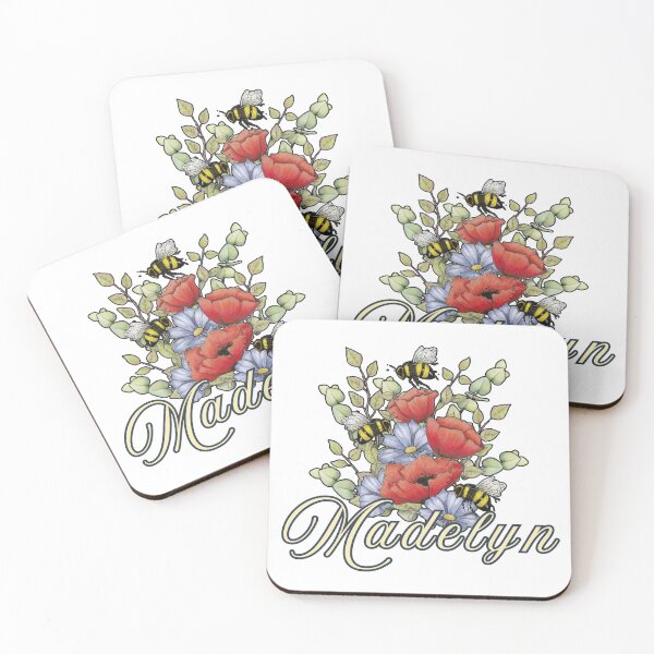 Item preview, Name MADELYN with Red Poppies and BEES Art designed and sold by JoyfulWhimsy.