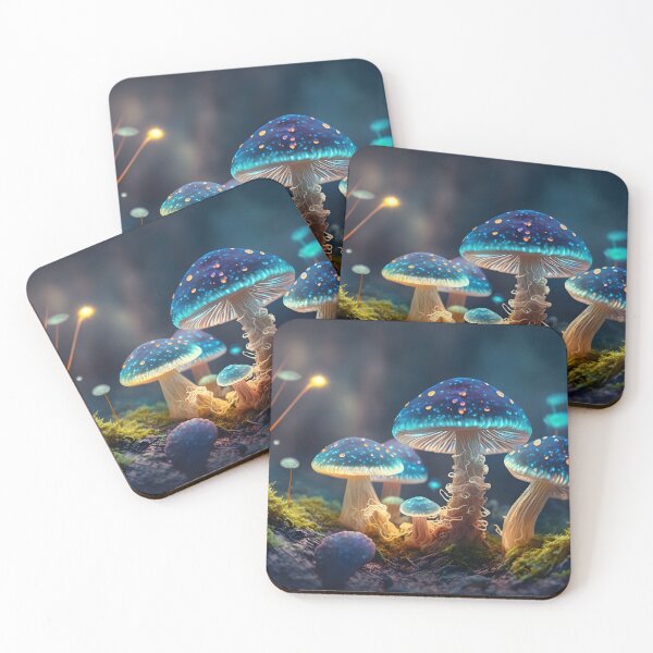 Item preview, Magical iridescent mushrooms in dark mystery forest with sparkling glow and golden glimmer in the dark. Fairy tale or dream natural background. Hallucinogen psychedelics fungi. AI Generative content designed and sold by dvoevnore.