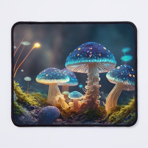 Item preview, Magical iridescent mushrooms in dark mystery forest with sparkling glow and golden glimmer in the dark. Fairy tale or dream natural background. Hallucinogen psychedelics fungi. AI Generative content designed and sold by dvoevnore.