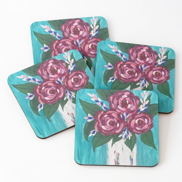 Item preview, Gorgeous rose bouquet in shades of pinks on a teal background  designed and sold by Cbeasleyart.
