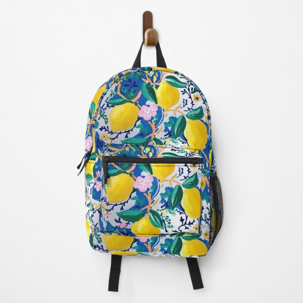 Item preview, Italian lemons and lemon flowers in blue and yellow on white background designed and sold by SophieClimaArt.