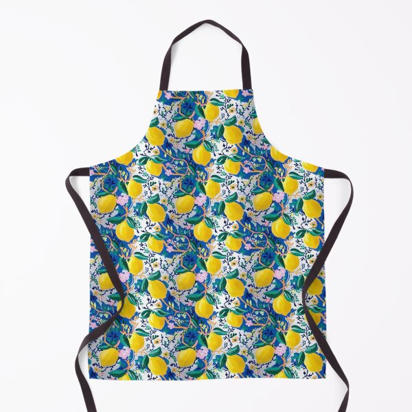 Item preview, Italian lemons and lemon flowers in blue and yellow on white background designed and sold by SophieClimaArt.