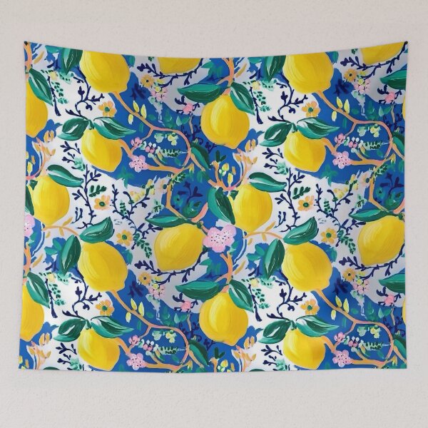 Item preview, Italian lemons and lemon flowers in blue and yellow on white background designed and sold by SophieClimaArt.