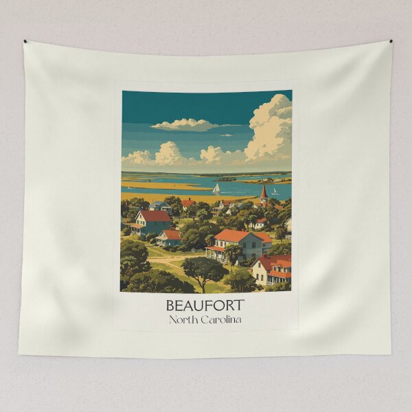 Item preview, Beaufort North Carolina Vintage Travel Art | Crystal Coast Harbor View designed and sold by TuncGK.