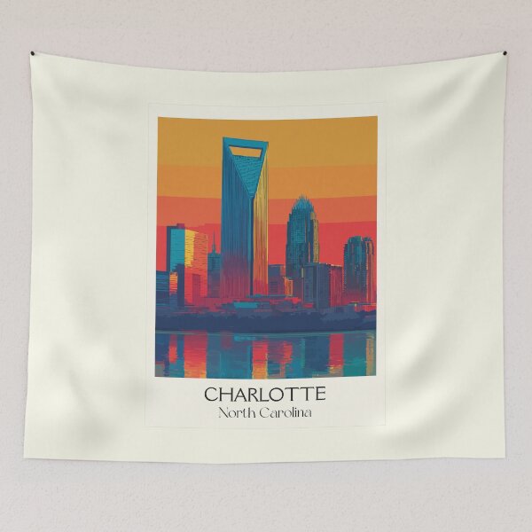 Item preview, Charlotte North Carolina Retro Travel Art | Queen City Skyline Illustration designed and sold by TuncGK.