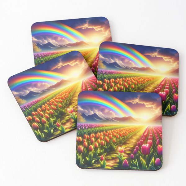 Item preview, Tulip Field Sunset with Rainbow – Vibrant Landscape Art designed and sold by EmeraldeaArt.