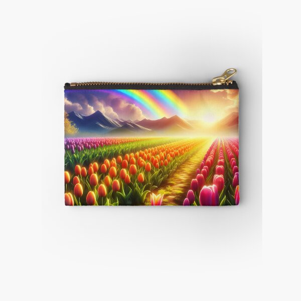Item preview, Tulip Field Sunset with Rainbow – Vibrant Landscape Art designed and sold by EmeraldeaArt.