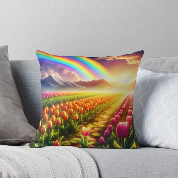 Item preview, Tulip Field Sunset with Rainbow – Vibrant Landscape Art designed and sold by EmeraldeaArt.