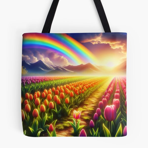 Item preview, Tulip Field Sunset with Rainbow – Vibrant Landscape Art designed and sold by EmeraldeaArt.