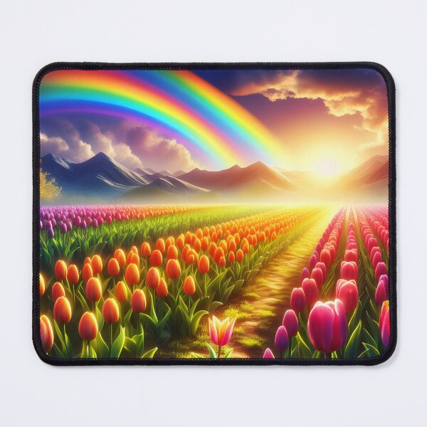 Item preview, Tulip Field Sunset with Rainbow – Vibrant Landscape Art designed and sold by EmeraldeaArt.