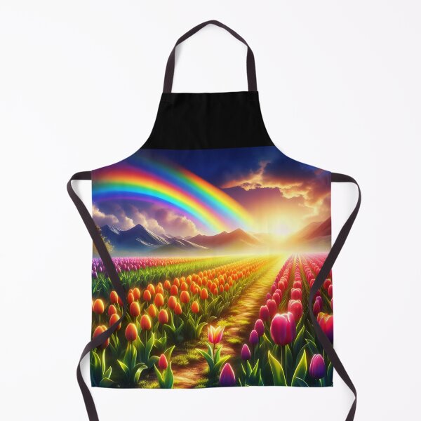 Item preview, Tulip Field Sunset with Rainbow – Vibrant Landscape Art designed and sold by EmeraldeaArt.