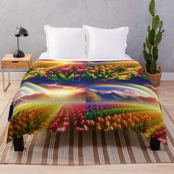 Item preview, Tulip Field Sunset with Rainbow – Vibrant Landscape Art designed and sold by EmeraldeaArt.