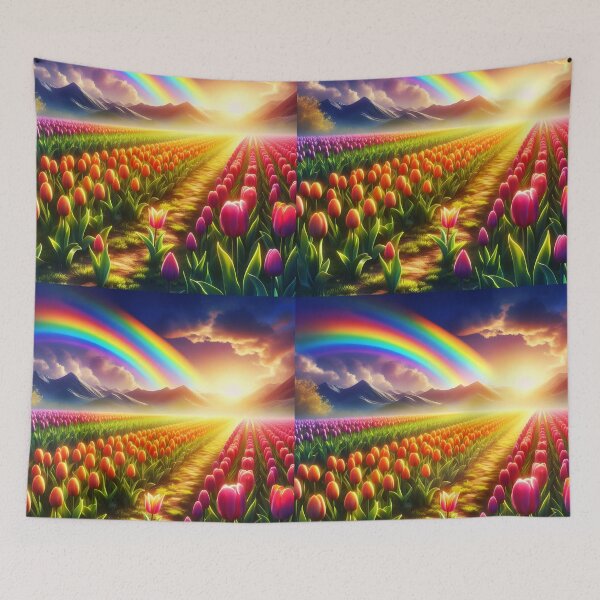 Item preview, Tulip Field Sunset with Rainbow – Vibrant Landscape Art designed and sold by EmeraldeaArt.