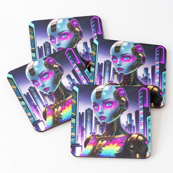 Item preview, Rainbow Robot Girl – Floral Patterned Chest Among Futuristic Skyscrapers designed and sold by EmeraldeaArt.