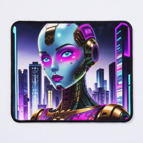 Item preview, Rainbow Robot Girl – Floral Patterned Chest Among Futuristic Skyscrapers designed and sold by EmeraldeaArt.