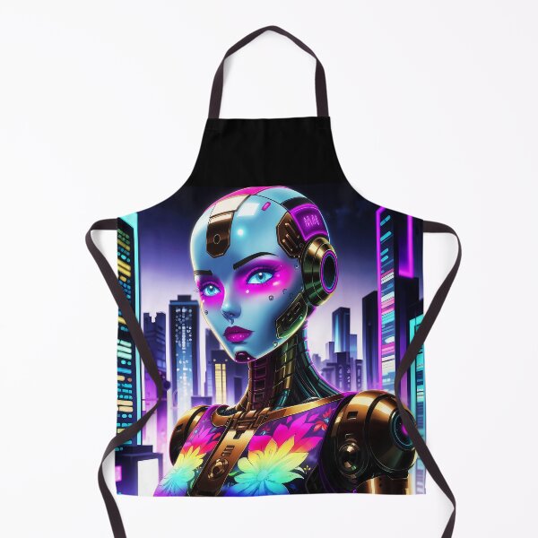 Item preview, Rainbow Robot Girl – Floral Patterned Chest Among Futuristic Skyscrapers designed and sold by EmeraldeaArt.