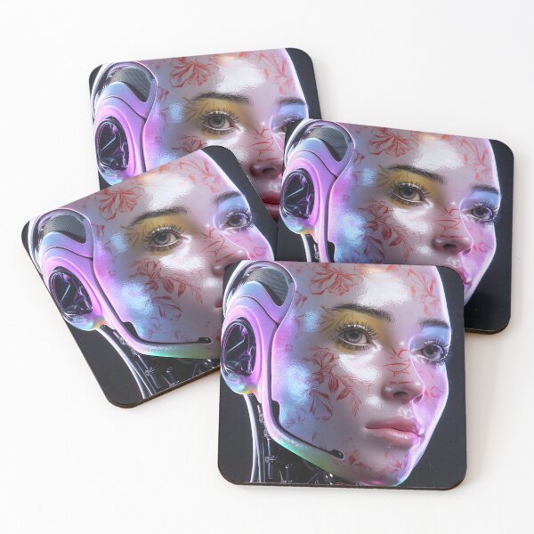 Item preview, Robot Girl Closeup – China-Inspired Skin Floral Tattoo Portrait designed and sold by EmeraldeaArt.