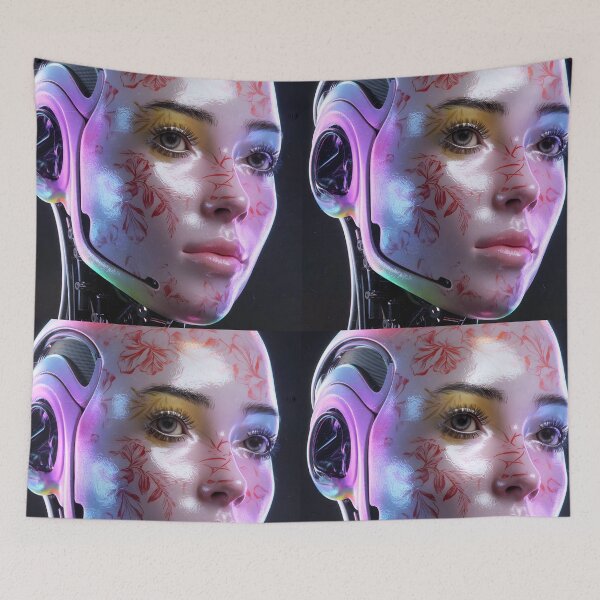 Item preview, Robot Girl Closeup – China-Inspired Skin Floral Tattoo Portrait designed and sold by EmeraldeaArt.