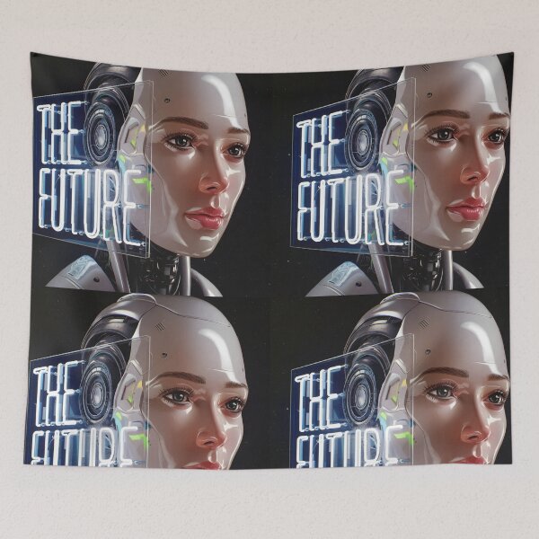 Item preview, Glossy Robot Girl Head – Futuristic Portrait with The Future Text designed and sold by EmeraldeaArt.
