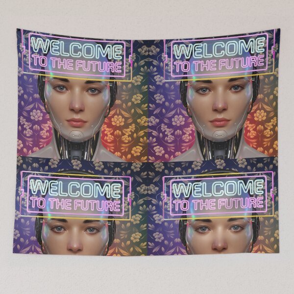 Item preview, Robot Girl Portrait – Glowing Welcome to the Future Text designed and sold by EmeraldeaArt.