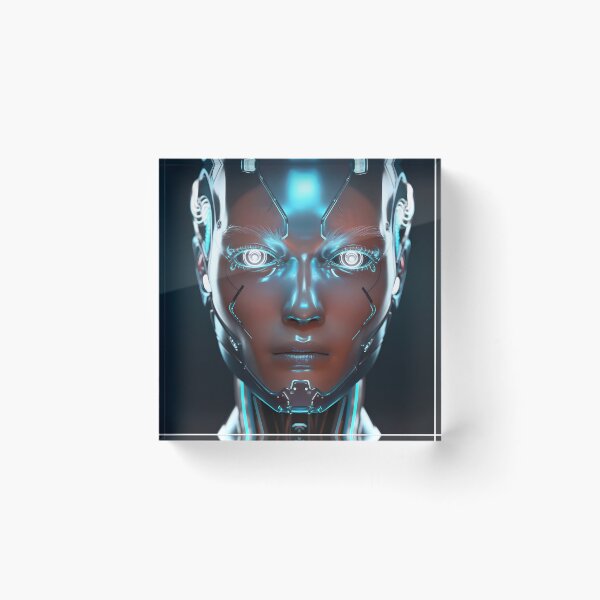 Item preview, Fierce Robot Girl Head – Luminous Blue and White Eyes Mechanical Portrait designed and sold by EmeraldeaArt.