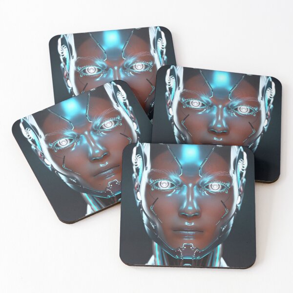 Item preview, Fierce Robot Girl Head – Luminous Blue and White Eyes Mechanical Portrait designed and sold by EmeraldeaArt.