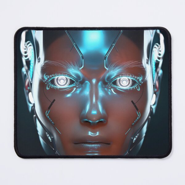 Item preview, Fierce Robot Girl Head – Luminous Blue and White Eyes Mechanical Portrait designed and sold by EmeraldeaArt.