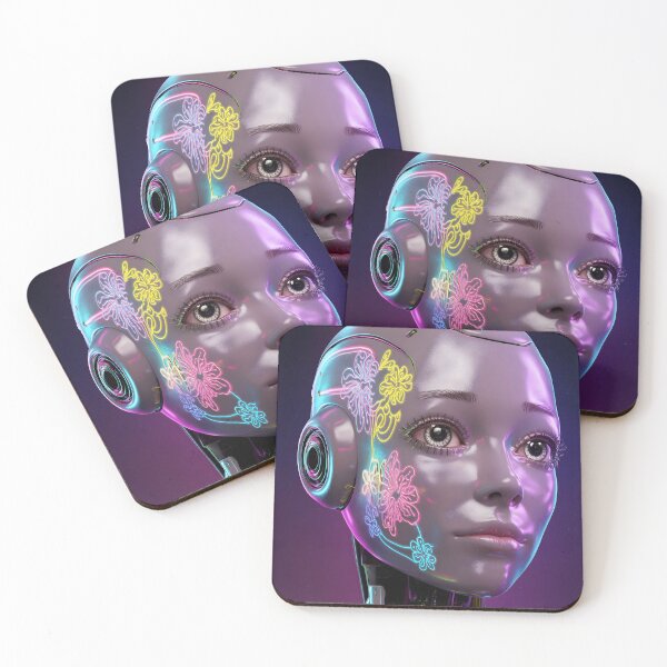 Item preview, Robot Girl Portrait – Glowing Colorful Floral Face Tattoo designed and sold by EmeraldeaArt.