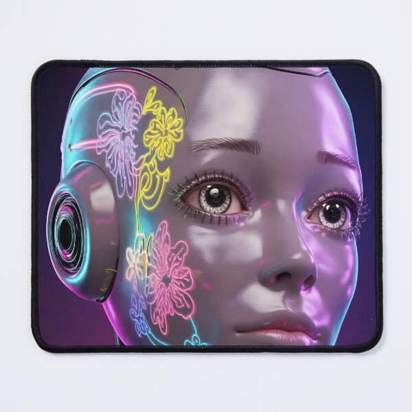 Item preview, Robot Girl Portrait – Glowing Colorful Floral Face Tattoo designed and sold by EmeraldeaArt.