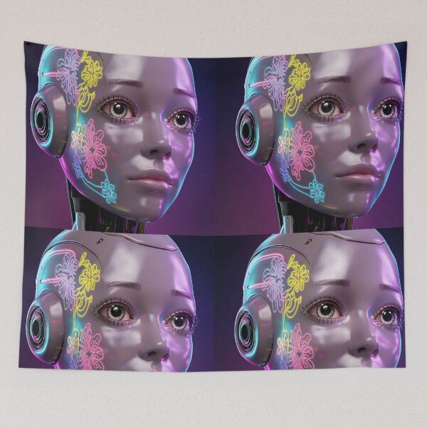 Item preview, Robot Girl Portrait – Glowing Colorful Floral Face Tattoo designed and sold by EmeraldeaArt.