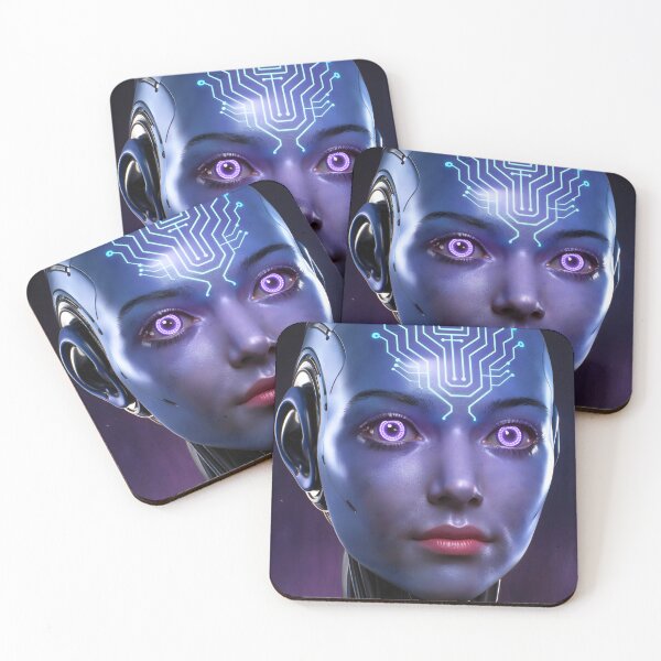 Item preview, Mechanical Robot Girl Head – Blue and Purple Glowing Cyber Portrait designed and sold by EmeraldeaArt.